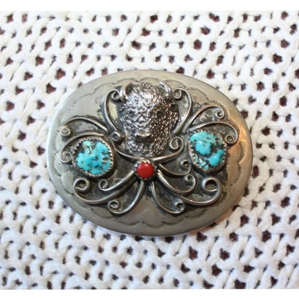 Vtg Navajo Buffalo Head Belt Buckle Turquoise & Coral Native American Handmade